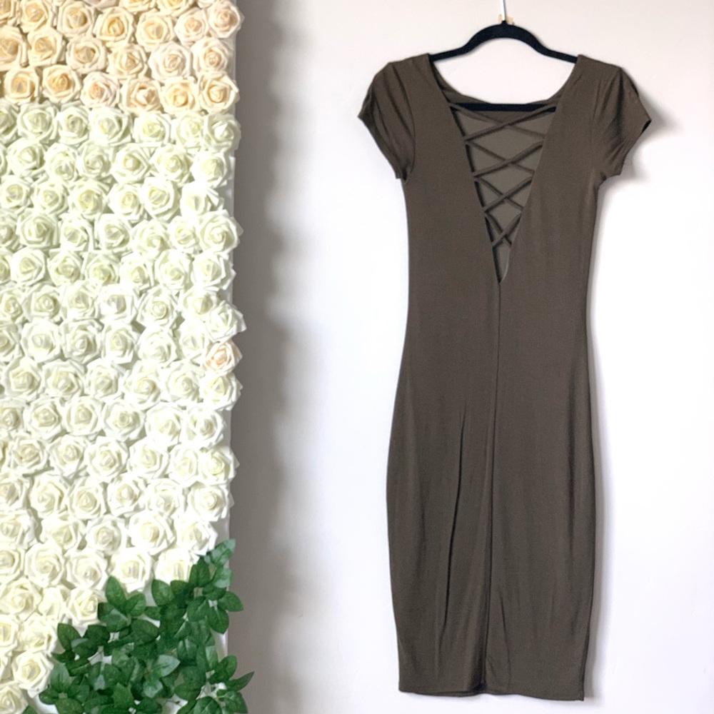 Olive green Midi dress. Designer strappy back
